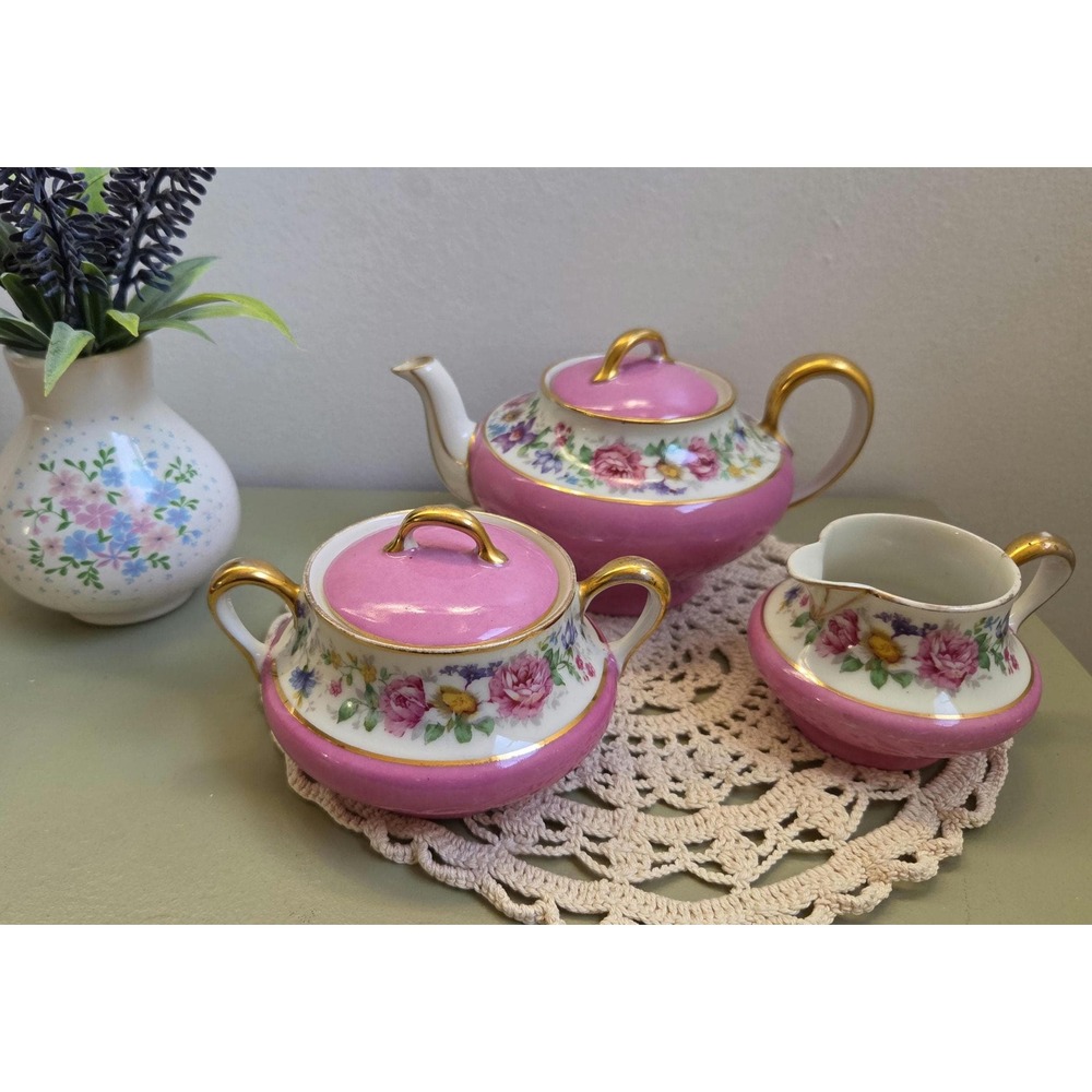 Antique Bernardaud Limoges Pink Floral Tea Set Teapot Sugar Creamer France